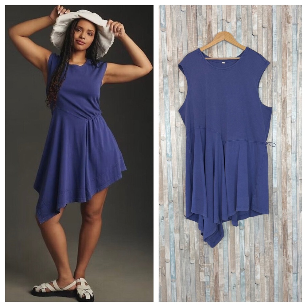 Anthropologie 3X Daily Practice Short Cap Sleeve Asymmetrical Midi Dress Indigo